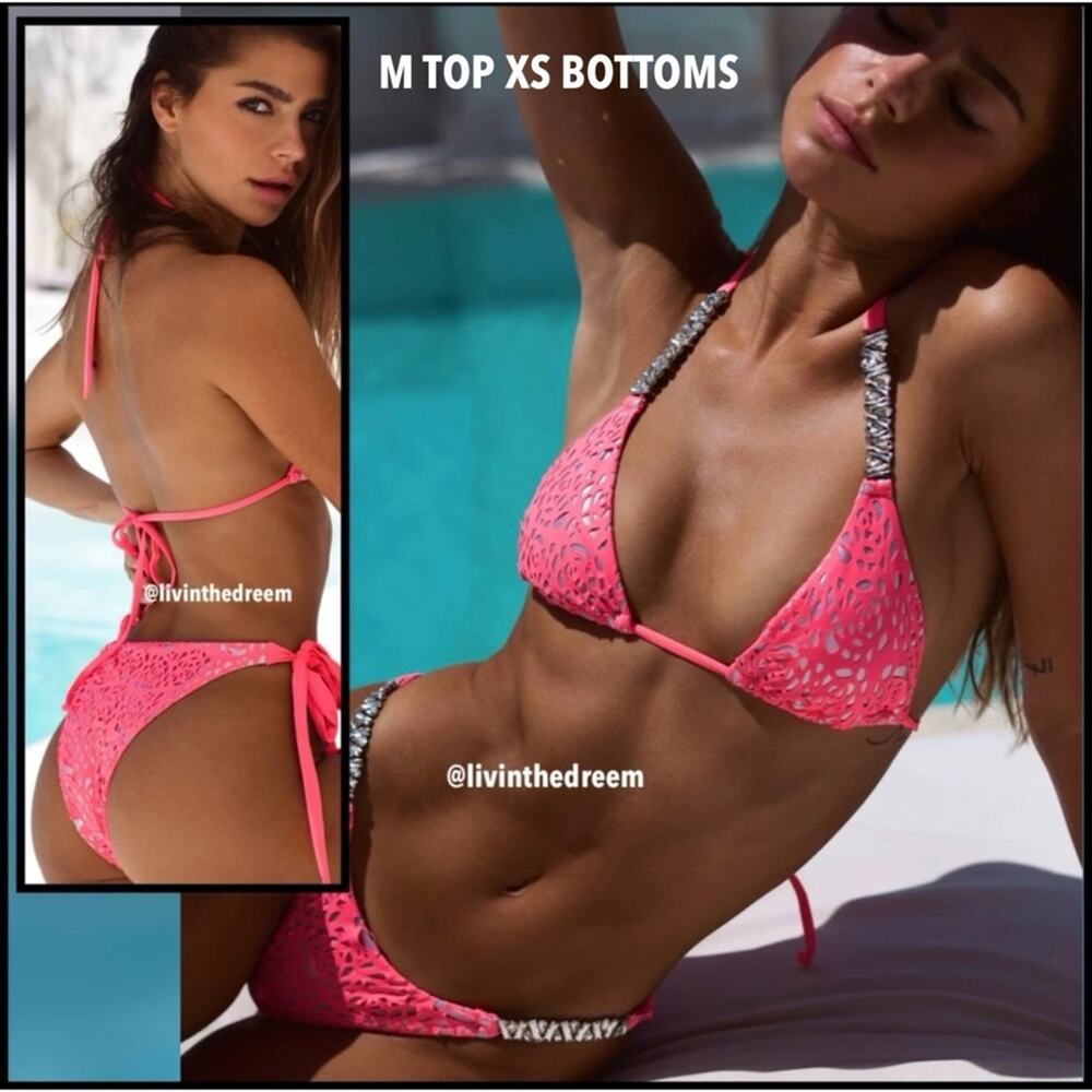 Bahimi Aruba Triangle Top M & Cheeky Bottom XS in Flamingo Fancy $155